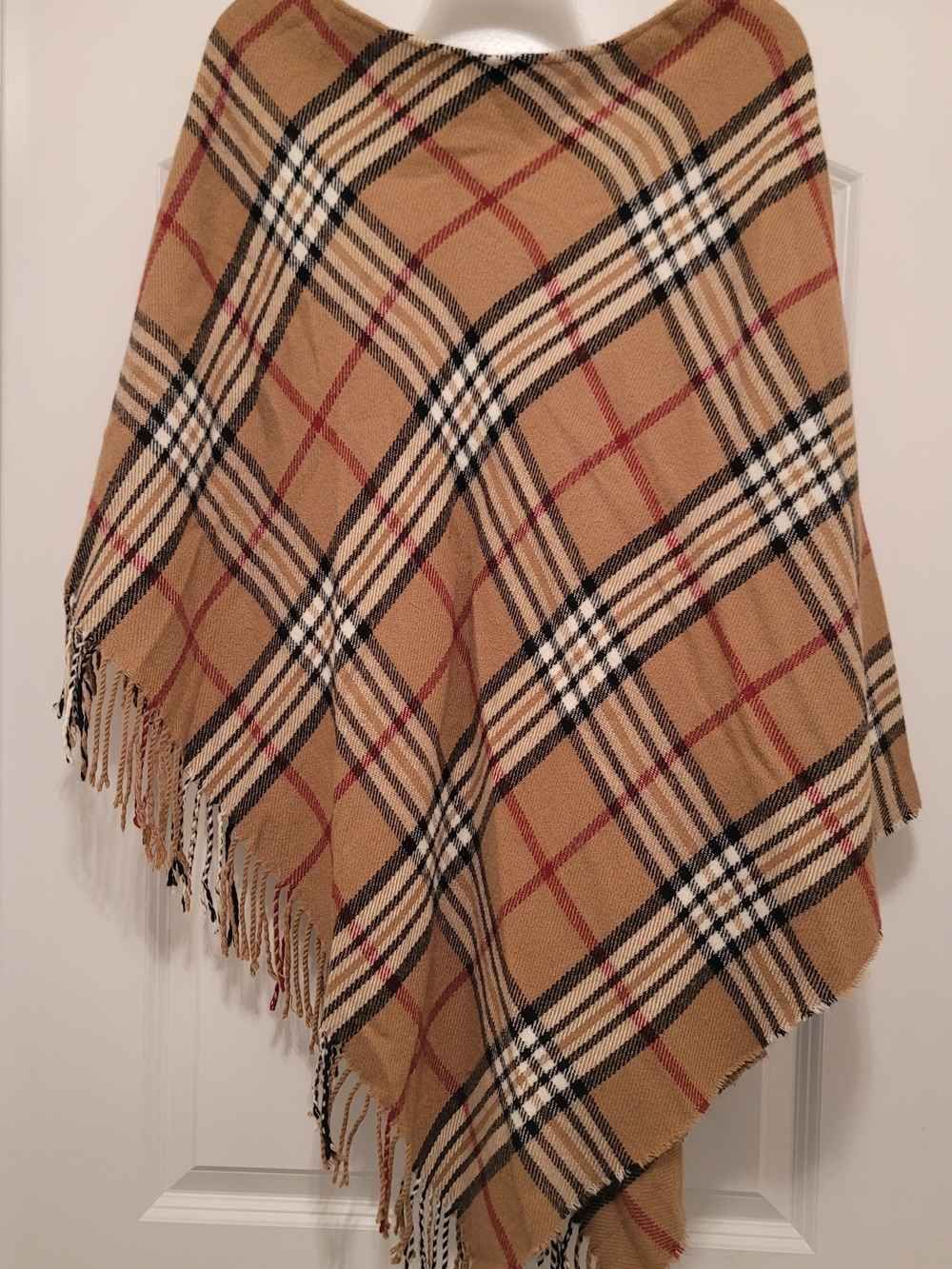 Classic Tan Plaid Fringed Throw Poncho